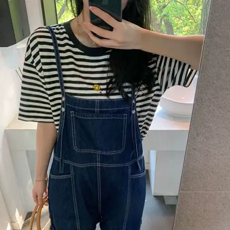 2024年新款夏装纯棉短袖T恤女百搭韩版宽松显瘦条纹体恤上衣ins潮图片