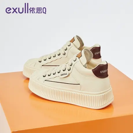 依思q厚底高帮帆布鞋女款2024新款秋天饼干鞋春季女鞋百搭小白鞋图片