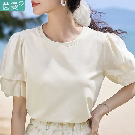 茵曼官方旗舰店短袖T恤女2024年夏季新款泡泡袖奶系穿搭夏天上衣商品大图