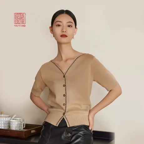 EP雅莹高端系列 气质v领修身显瘦短袖针织开衫 2023新款9108A商品大图