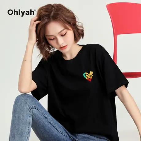 Ohlyah品牌 黑色t恤女打底衫内搭纯棉宽松圆领爱心love印花情侣装商品大图