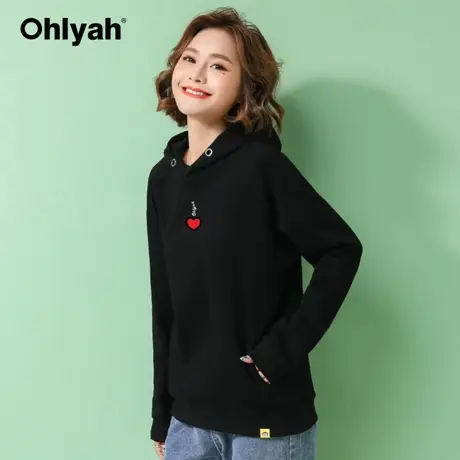 Ohlyah品牌宽松韩版卫衣女连帽外套黑色纯棉大码学生工作班服定制商品大图