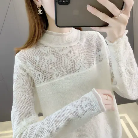 蕾丝拼接镂空圆领针织衫女宽松2023春季新款韩版时尚百搭打底上衣商品大图