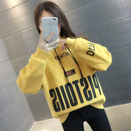 连帽卫衣女套头宽松大码加绒加厚拼接字母洋气学生保暖休闲外套潮商品大图