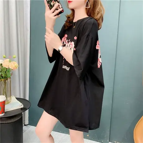 设计感花朵短袖T恤女中长款2022新款夏季洋气减龄宽松慵懒风上衣商品大图