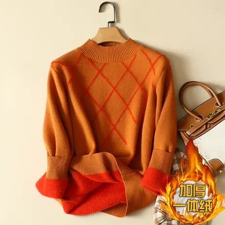 一体绒半高领毛衣女2022年新款加绒加厚打底衫女秋冬宽松针织上衣图片