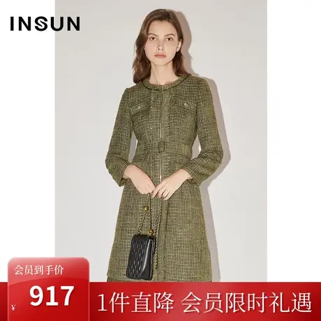 恩裳COVER冬季2022时尚钻链点缀经典压褶小香风式通勤连衣裙图片