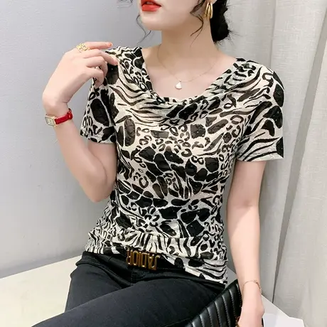 女装2023新款潮漂亮印花T恤短袖性感V领修身上衣洋气百搭别致小衫商品大图