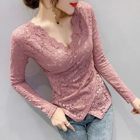 春秋性感镂空V领蕾丝衫女长袖不规则交叉洋气上衣修身百搭打底衫商品大图