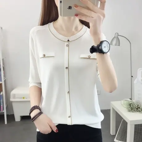 2022夏季新款冰丝针织衫女薄款上衣宽松短袖t恤小香风白色打底衫商品大图