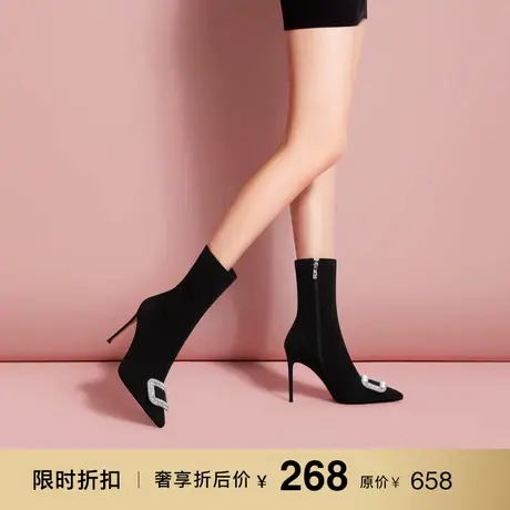 熙漫2022秋冬新款短靴时尚水钻尖头弹力靴子气质细跟黑色加绒女靴图片