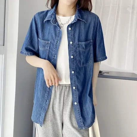 复古短袖牛仔衬衫女上衣夏季2023新款设计感小众半袖衬衣开衫外套图片