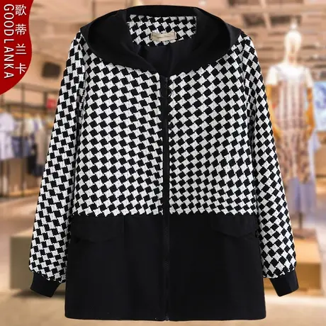 40-50岁中年胖妈妈春秋夹克女大码宽松洋气连帽格子拼接休闲外套商品大图