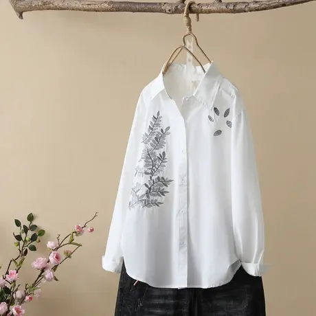 春秋季新款韩版文艺树叶绣花白色衬衫女长袖上衣宽松百搭打底衬衣图片