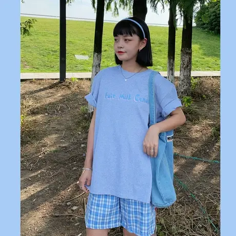 原创~2023新款夏装韩版字母宽松慵懒风盐系少女纯棉短袖T恤女上衣商品大图