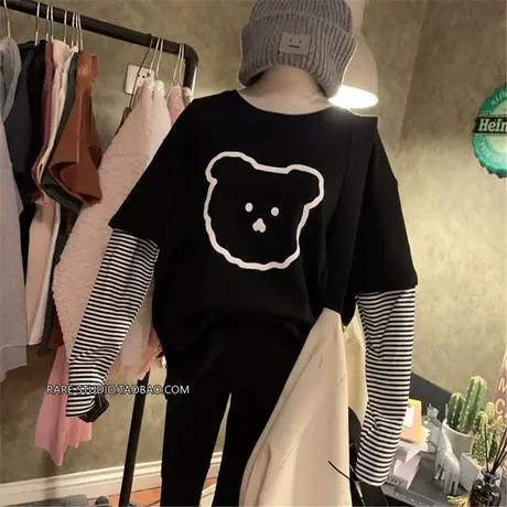 长袖t恤女秋装2020新款韩版ins潮条纹拼接假两件宽松减龄洋气上衣商品大图