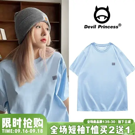 ulzzang高街设计感小众奶蓝色T恤女短袖夏季oversize韩版圆领上衣商品大图