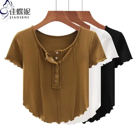 夏季新款韩版圆领纯白纯欲修身纯色燕尾荷叶边短袖体恤上衣女打底商品大图