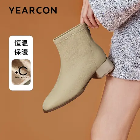 意尔康牛皮粗跟方头时装靴女2023冬款百搭加绒保暖瘦瘦靴真皮短靴商品大图