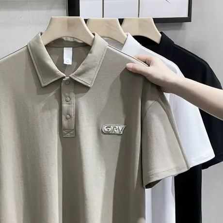 美式POLO衫男夏季新款弧形剪裁翻领男士T恤短袖潮牌休闲宽松日系商品大图