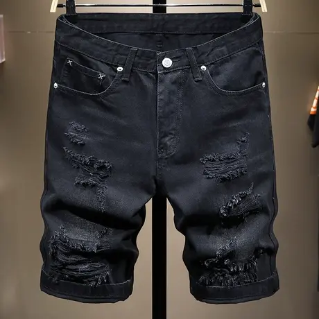 夏天薄款破洞牛仔短裤男直筒宽松百搭五分裤男潮牌时尚中裤子马裤商品大图