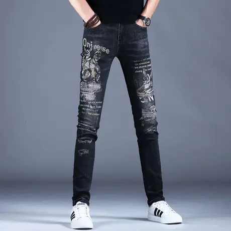 2023男士夏季新款牛仔裤男时尚黑灰色修身激光印花小脚裤潮牌百搭商品大图