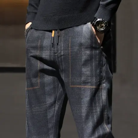 秋冬款冬季冬装毛呢男裤子条纹松紧腰休闲长裤男士修身小脚春秋款商品大图