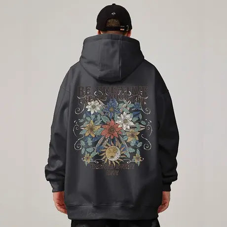 大码连帽美式重磅复古胖子男装潮流宽松灰色卫衣加绒秋冬加厚外套商品大图