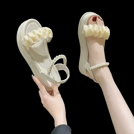 网纱珍珠仙女风凉鞋女夏季配裙子2023新款时尚厚底晚风温柔罗马鞋图片