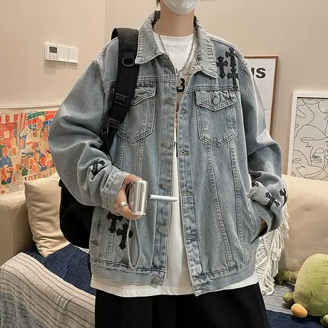 牛仔外套男春秋季美式复古宽松翻领上衣男士潮牌休闲痞帅工装夹克商品大图