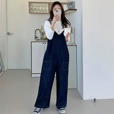 春秋新款牛仔吊带裤女大码宽松阔腿裤时尚显瘦背带裤bf牛仔长裤潮商品大图
