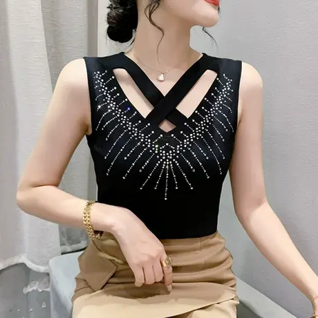 性感V领背心女2024夏季新款洋气百搭时尚小衫镂空网纱无袖上衣潮图片