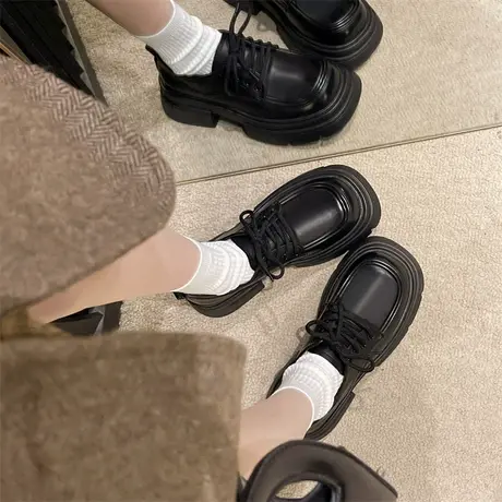 乐福鞋女厚底增高2024年春季新款洋气粗跟单鞋配裙子英伦风小皮鞋图片