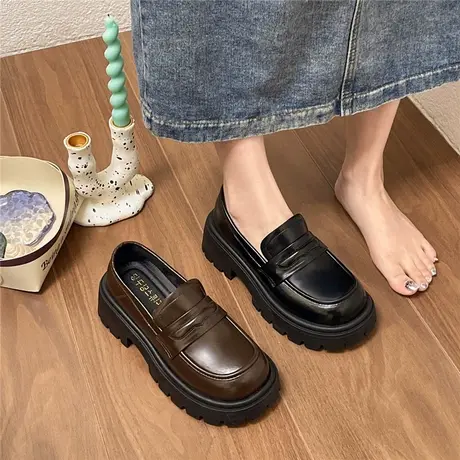 圆头百搭学院风黑色厚底乐福小皮鞋女2024新款春秋粗跟配裙子单鞋图片