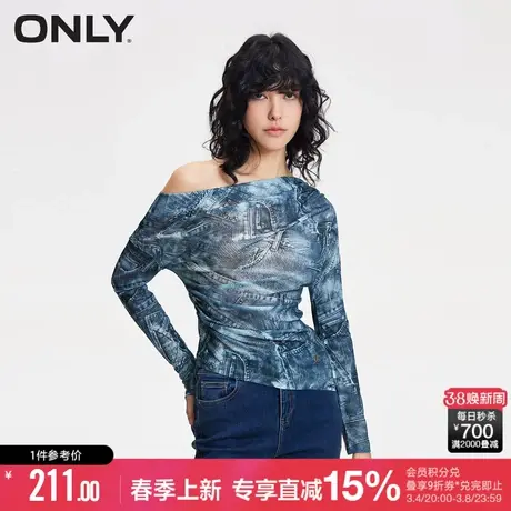 ONLY夏季时尚设计感露肩抽褶长袖修身T恤女|124102014商品大图
