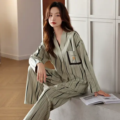 婷美纯棉睡衣女士春秋季长袖条纹简约休闲可外穿秋冬天家居服套装商品大图