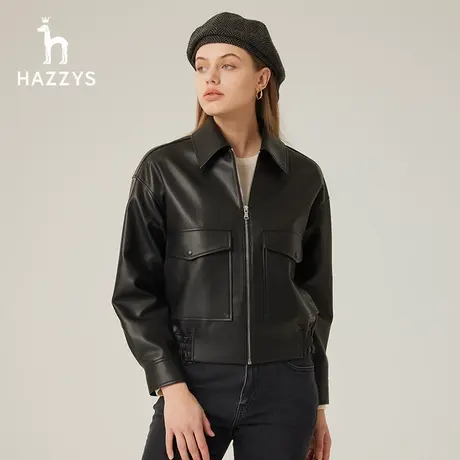 【商场同款】Hazzys哈吉斯黑色宽松廓形短夹克春秋季新款皮衣外套图片