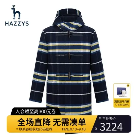 Hazzys哈吉斯冬季男士条纹连帽毛呢大衣韩版时尚中长款休闲外套男商品大图