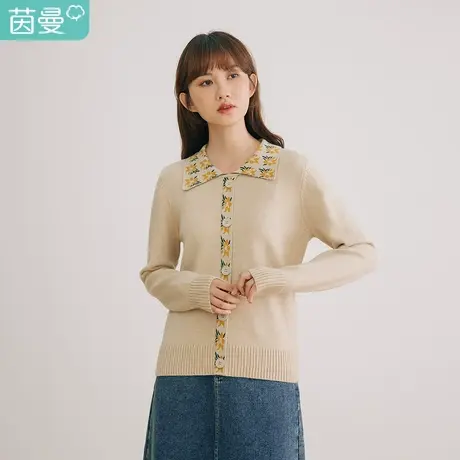 茵曼2023春装新款女花卉针织提花尖领设计显瘦套头毛衣图片