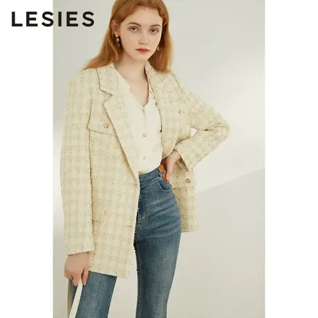 蓝色倾情秋冬季女装新款 杏色格子翻领小香口袋设计小西装外套图片