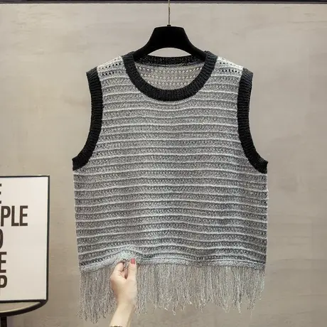 圆领镂空针织马甲背心女2023秋装新款宽松外穿马夹流苏毛衣坎肩潮商品大图