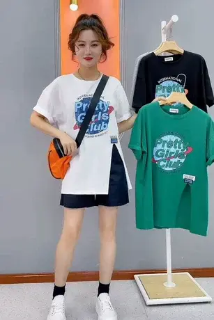 2023夏季侧开叉韩版宽松女装ins胖mm百搭短袖t恤个性字母体恤上衣商品大图