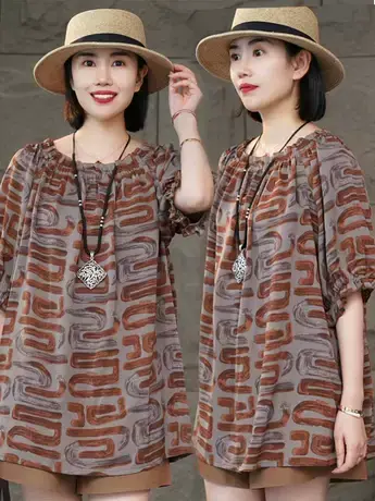 2023夏季新款时尚碎花衬衫休闲宽松显瘦印花百搭方格短袖洋气上衣商品大图