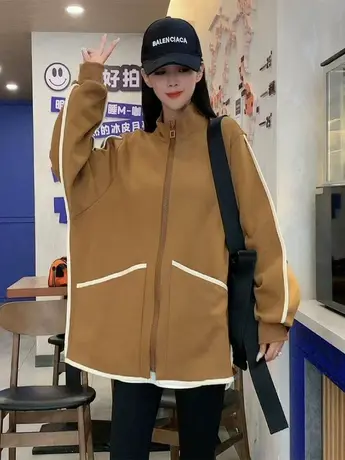 秋季设计感小众立领宽松休闲撞色边开衫外套女慵懒风街头上衣秋潮图片