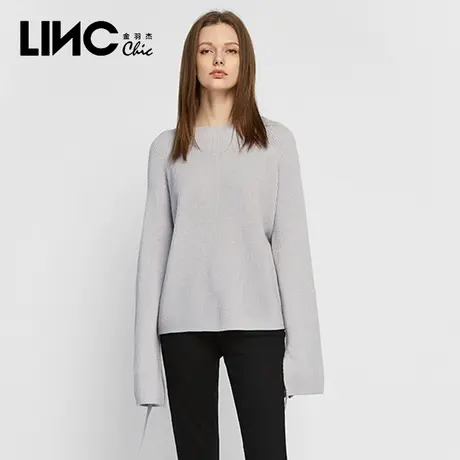 断码清仓LINC金羽杰2023秋季新款宽松喇叭袖套头纯色针织衫毛衣女图片
