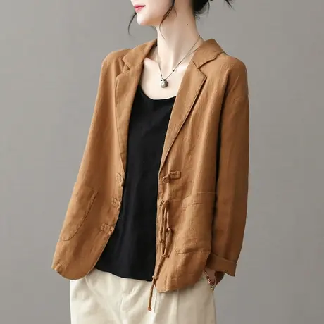 dza 文艺复古棉麻上衣女士2023春季新款亚麻西服休闲短款外套西装图片