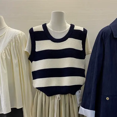 2023早春新款韩版温柔气质内搭叠穿圆领撞色条纹针织马甲背心女商品大图