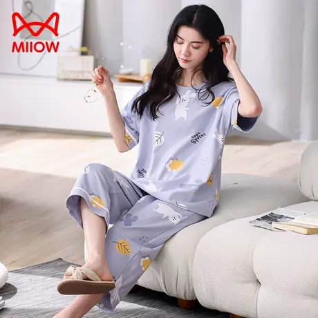 猫人女士睡衣夏季2023新款纯棉短袖薄款可爱休闲套装上衣女家居服图片