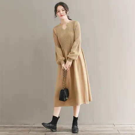 胖妹妹秋冬2023V领套头针织毛衣连衣裙 大码微胖优雅显瘦毛线裙商品大图
