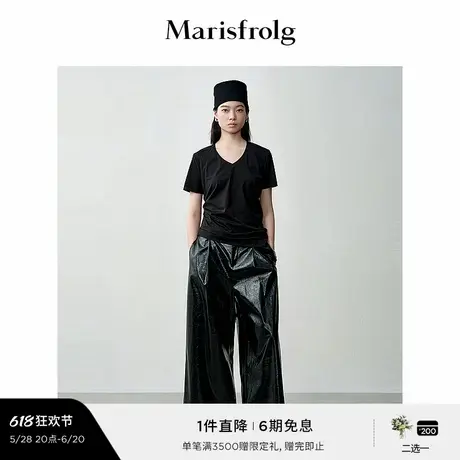【精简美学】玛丝菲尔秋经典黑色V领抽褶双层底边上衣商品大图